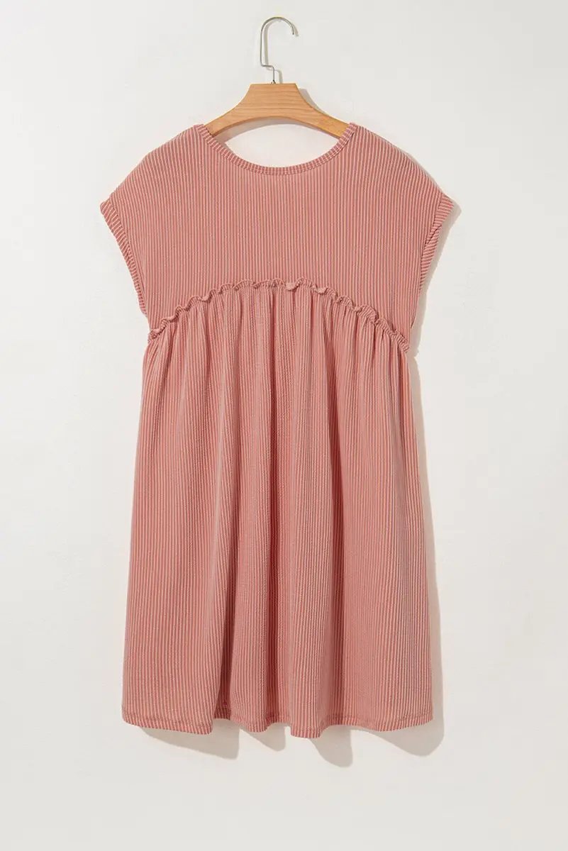 Dusty Pink Corded Knit Textured Patched Pocket Frilled Swing Mini Dress - Love Salve